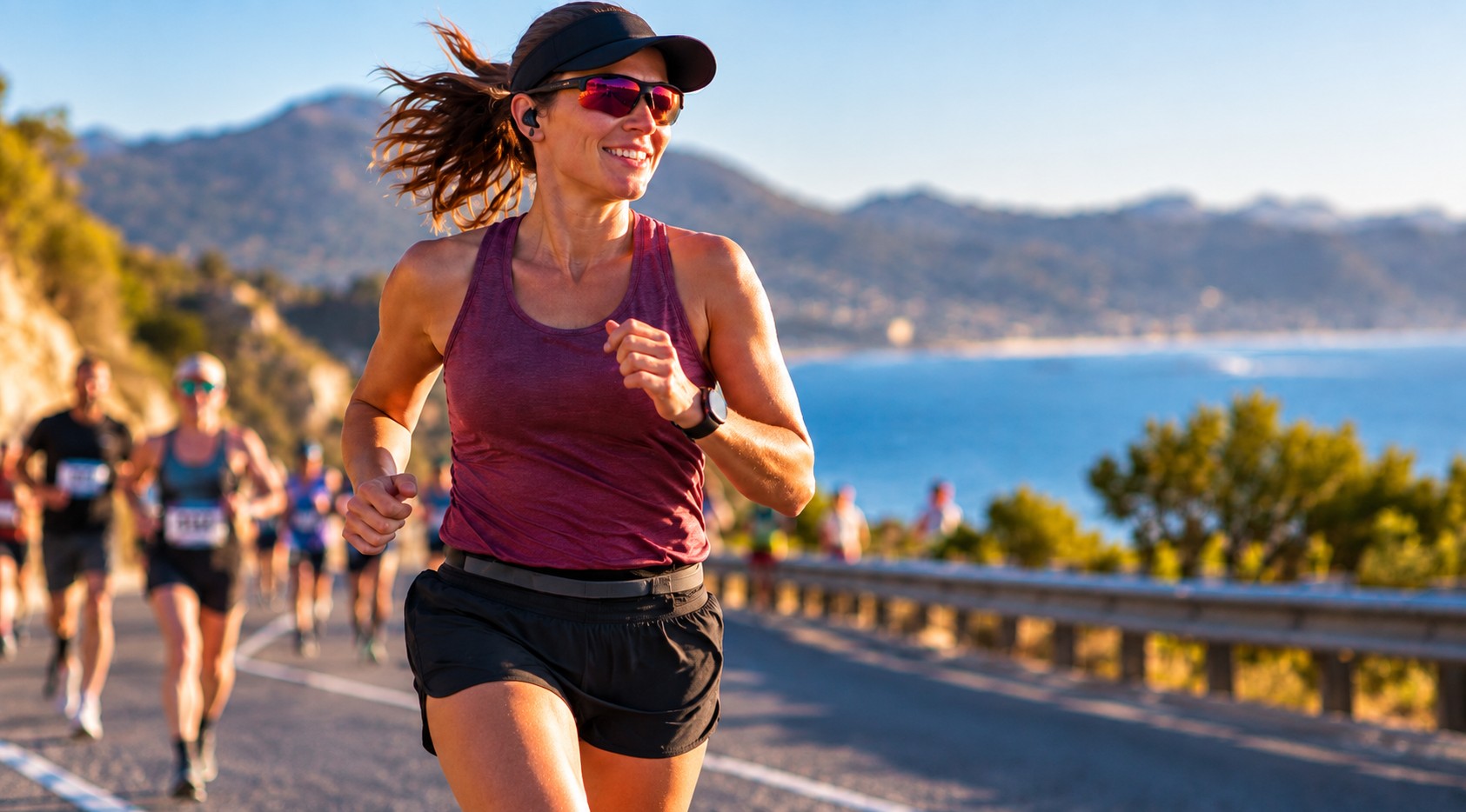 A runner wearing race bib 3287 on a coastal road, before vCorso adds the numbers.