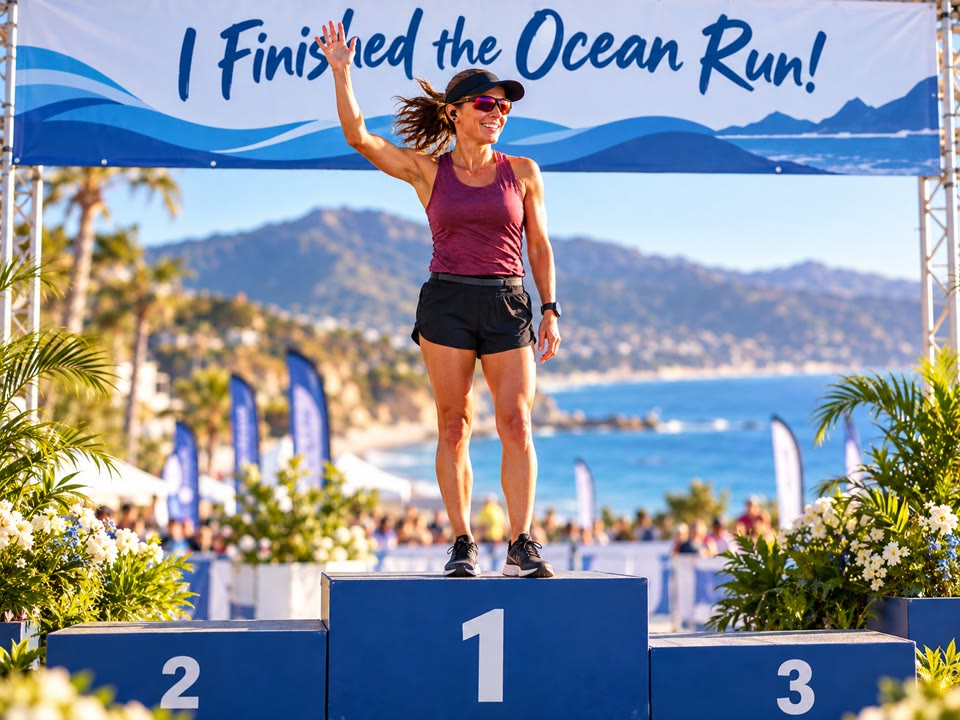 A runner waving from the top step of the podium after the Ocean Run
