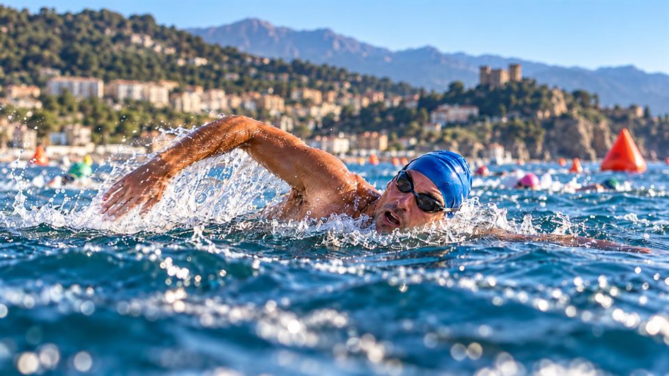 An open water swimmer mid stroke